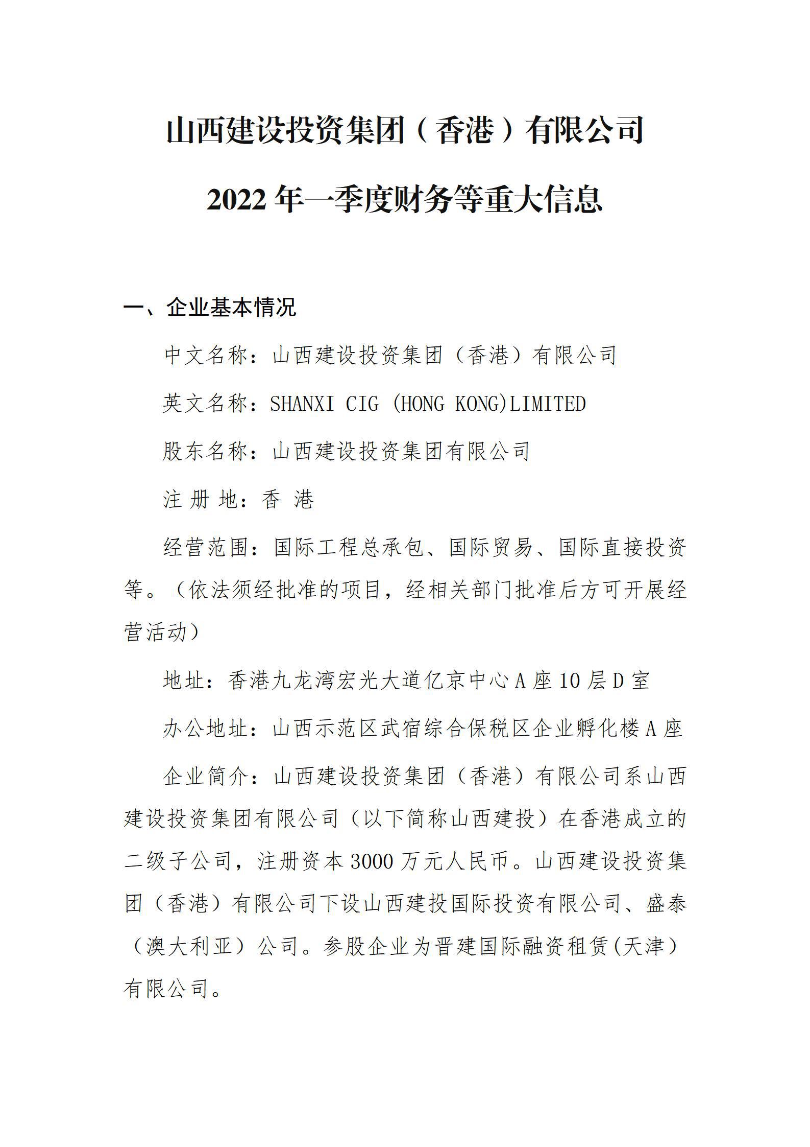 山西Z6尊龙凯时投资集团（香港）有限公司2022年一季度财务等重大信息