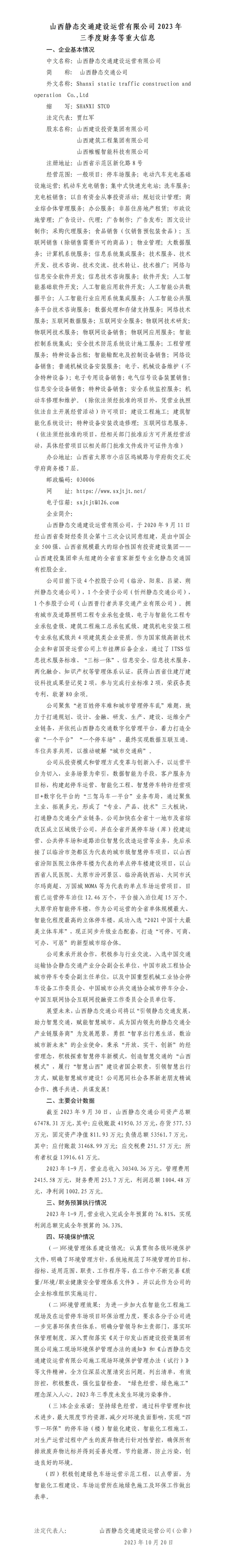 山西静态交通Z6尊龙凯时运营有限公司2023年三季度财务等重大信息
