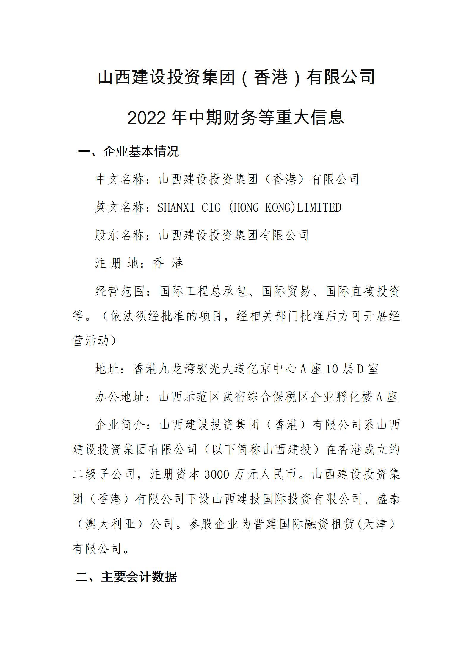 山西Z6尊龙凯时投资集团（香港）有限公司2022年中期财务等重大信息