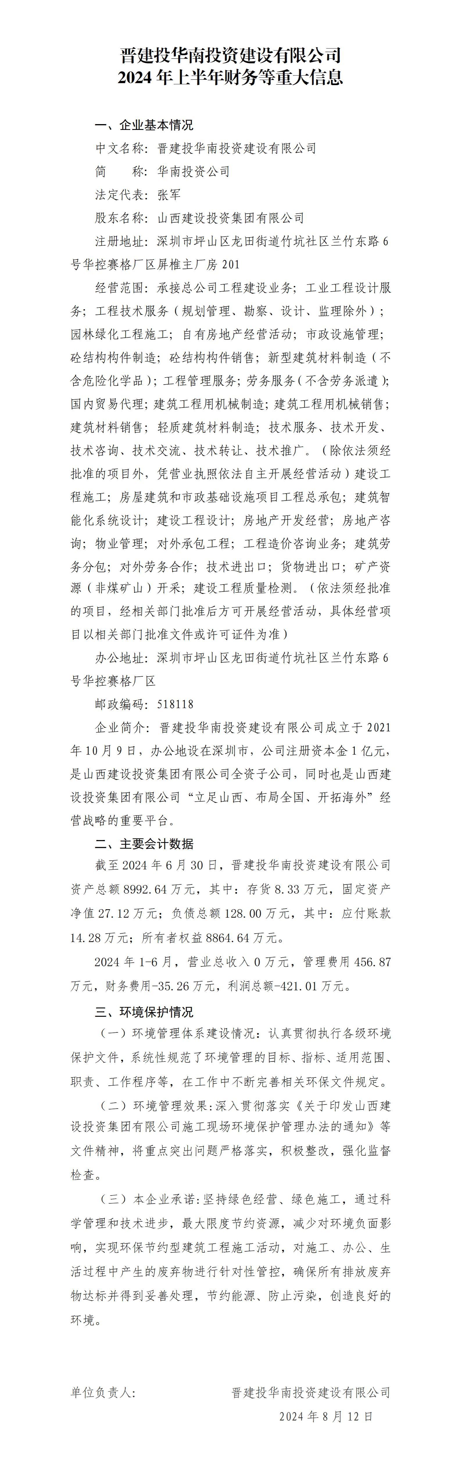 晋建投华南投资Z6尊龙凯时有限公司2024年上半年财务等重大信息