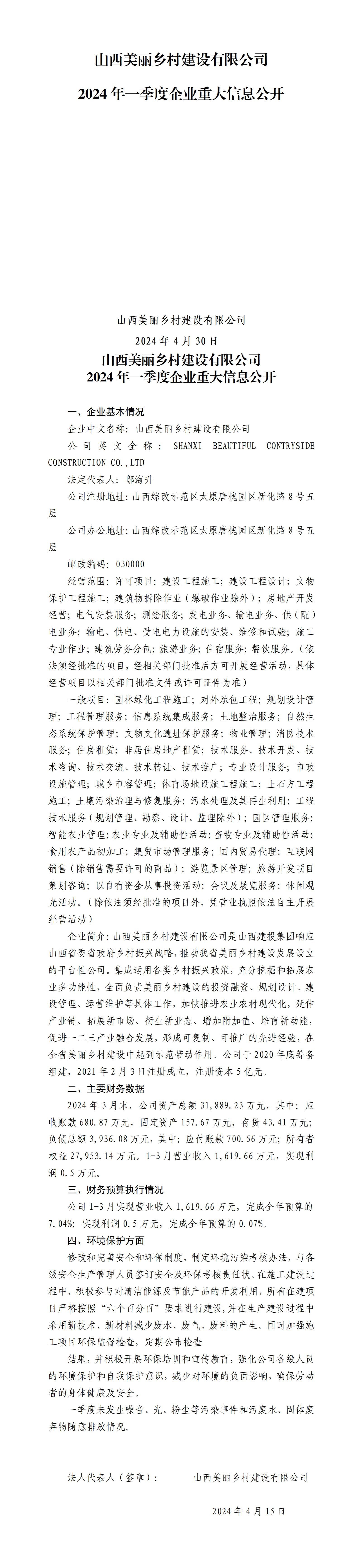 山西美丽乡村Z6尊龙凯时有限公司2024年一季度企业重大信息公开